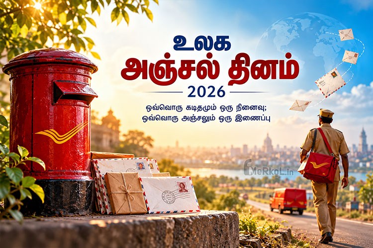World Post Day 2026 poster featuring a red post box, letters, envelopes, and a postal worker.